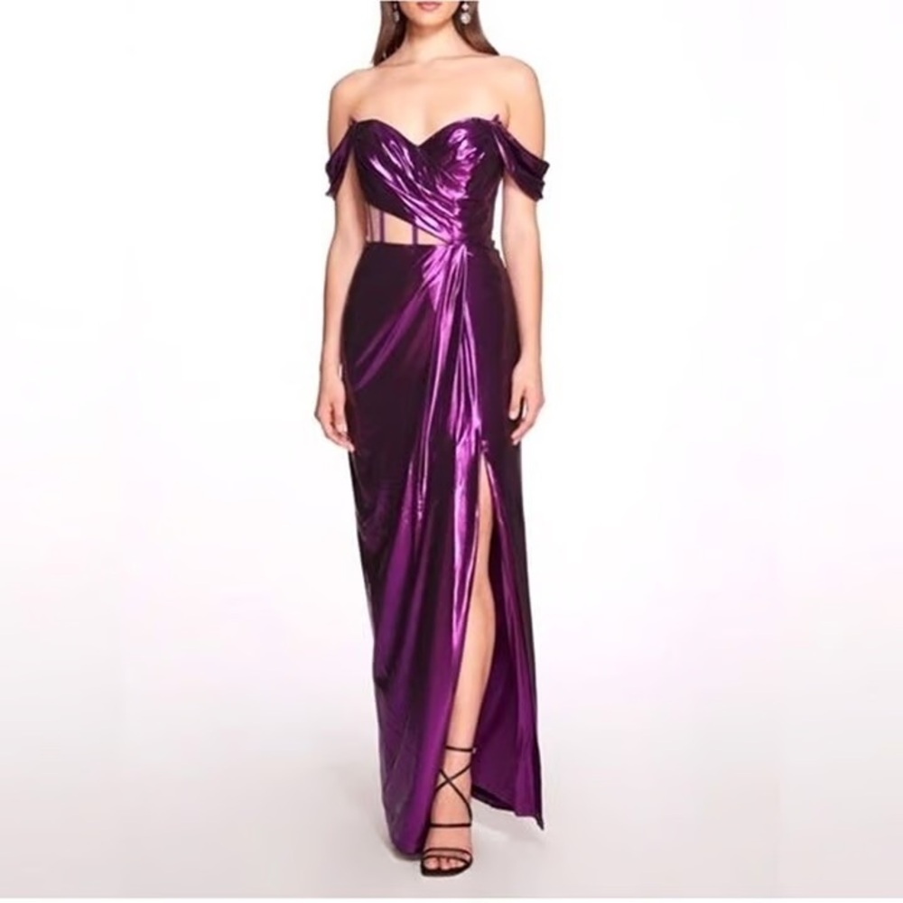 Marchesa Notte Metallic Lamé Off-the-Shoulder Gown – Size 0